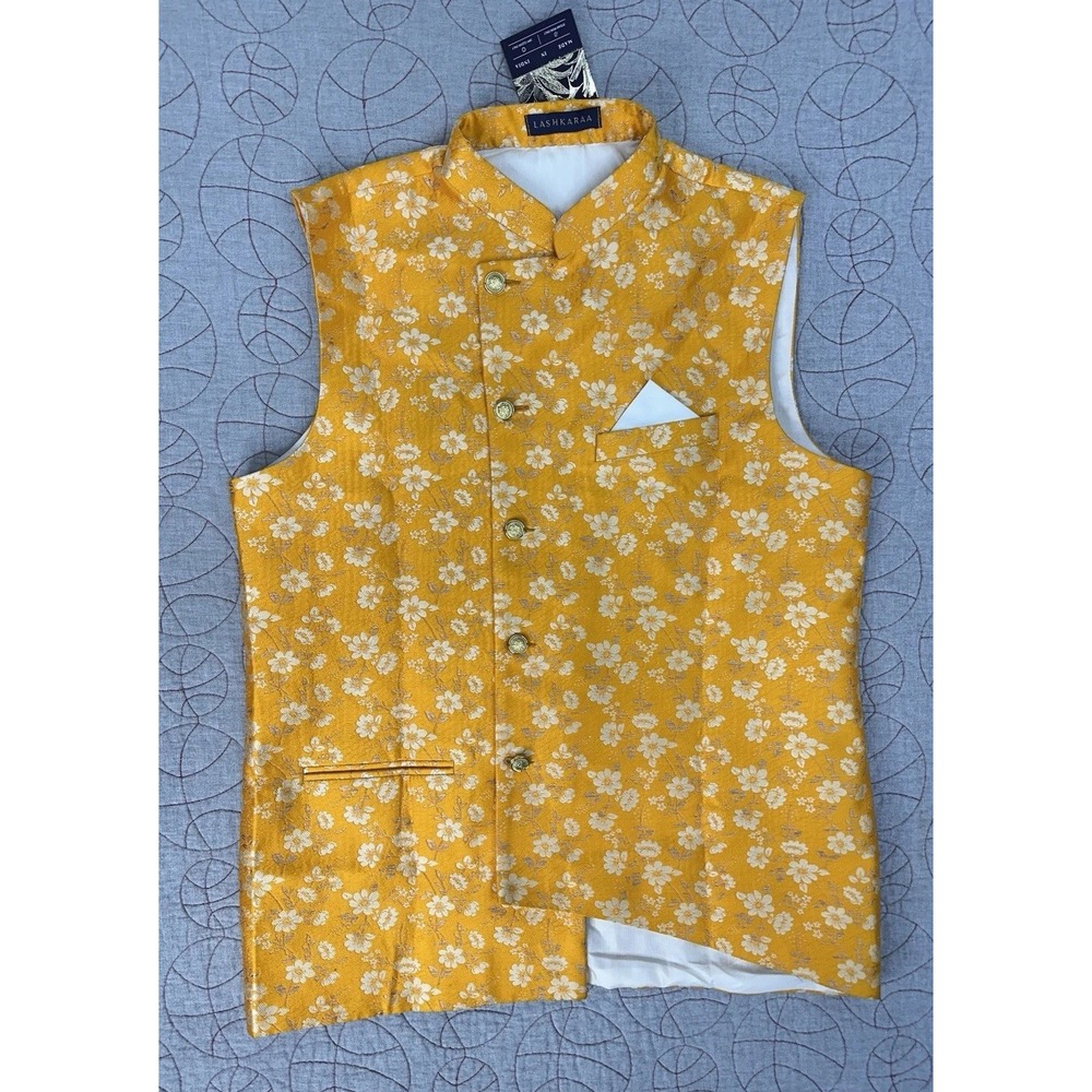 LASHKARAA Yellow Floral Printed Nehru Sleeveless‎ Jacket / Medium